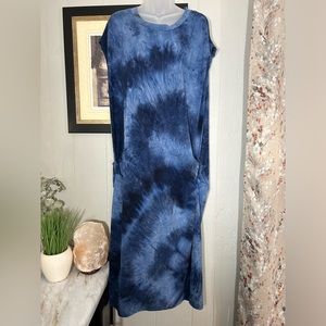 Super soft and comfy Blue tie-dyed T-Shirt dress with ruched sides.